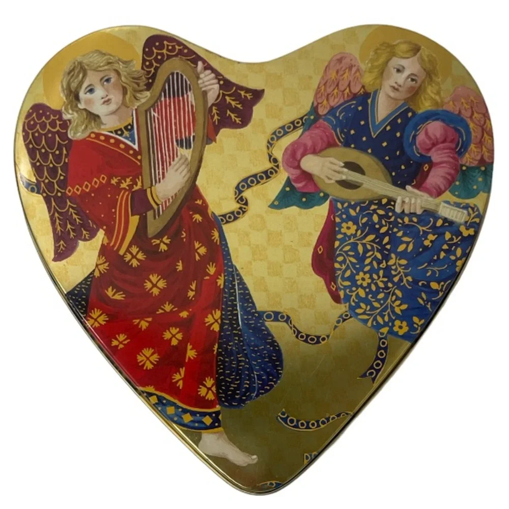 Vintage Tins Victorian Lovers Keepsake Box Heart Angel Cupid Cherub Harp Gold